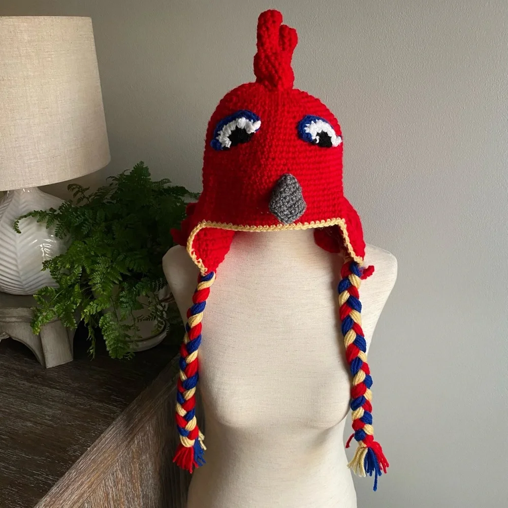 Handmade Rooster Crochet Hand Knit‎ Crocheted Kids Childrens Hat Red One Size